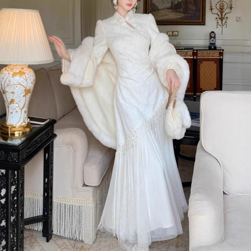 Velvet Snow Fragrance New Chinoiserie Stand Collar Elegant Gentle Fleece-Lined Thickeneded Tassel Cheongsam Dress Winter