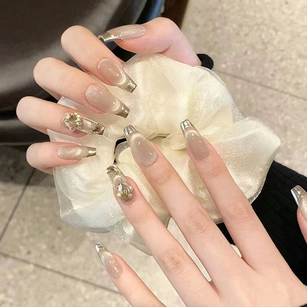 Fototerapia manual de uso de uñas decodificadas diez piezas de cristal ojo de gato piezas de manicura francesa de champagne oro parche de uñas de diamante