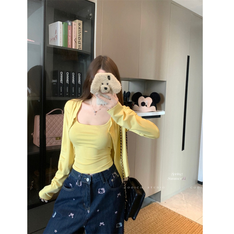慵懒开衫外套女2025年秋季套装修身条纹吊带背心上衣两件套一整套|undefined