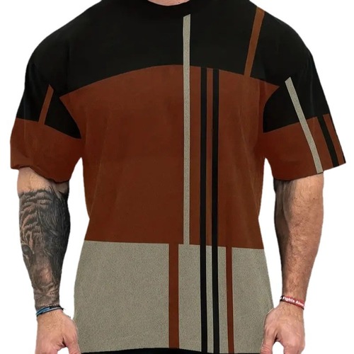 Summer Striped Digital Pattern Short-Sleeve T-Shirt for Men, Round Neck, Versatile Casual Sports Top ME13