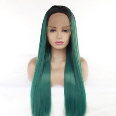 Cabello recto europeo y americano pelucas mujeres nuevas T verde largo frente pelucas de fibra química de encaje de seda de alta temperatura LW0007