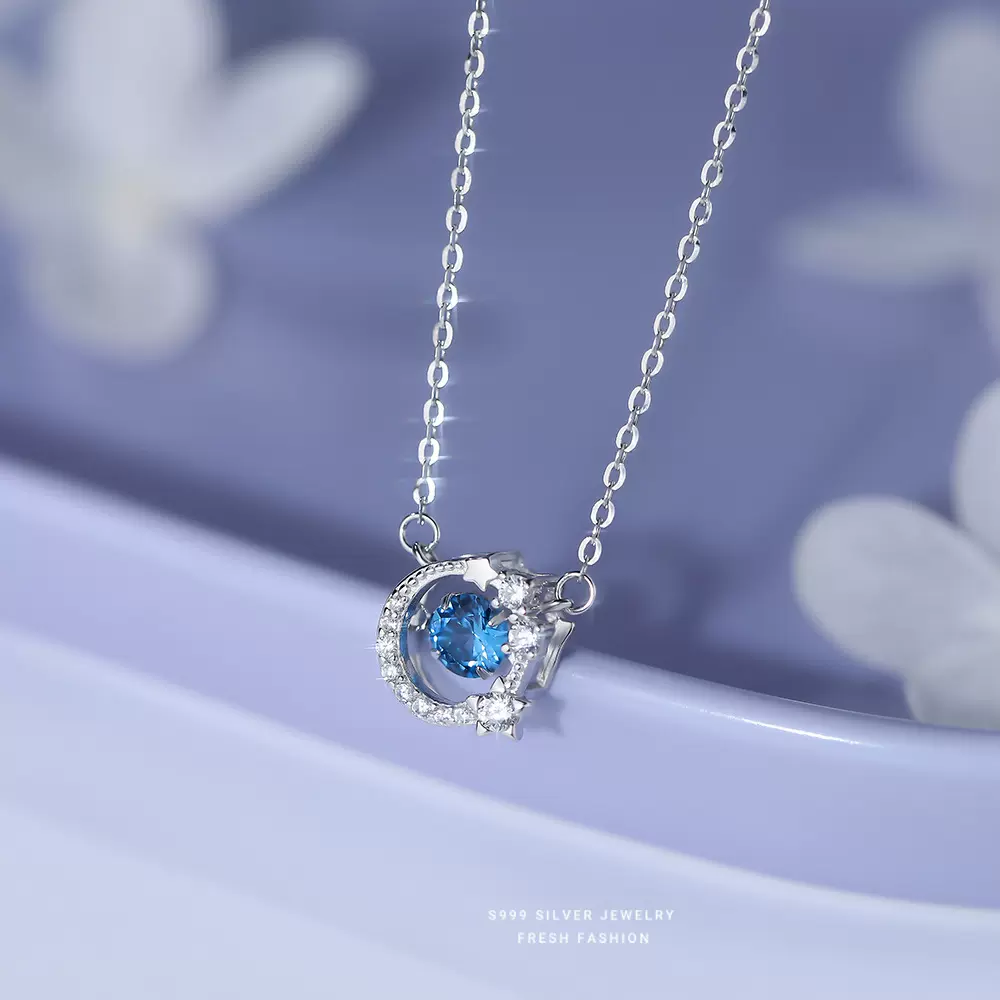 S999纯银小清新灵动尖晶项链女浅蓝众星捧月吊坠小众设计感锁骨链