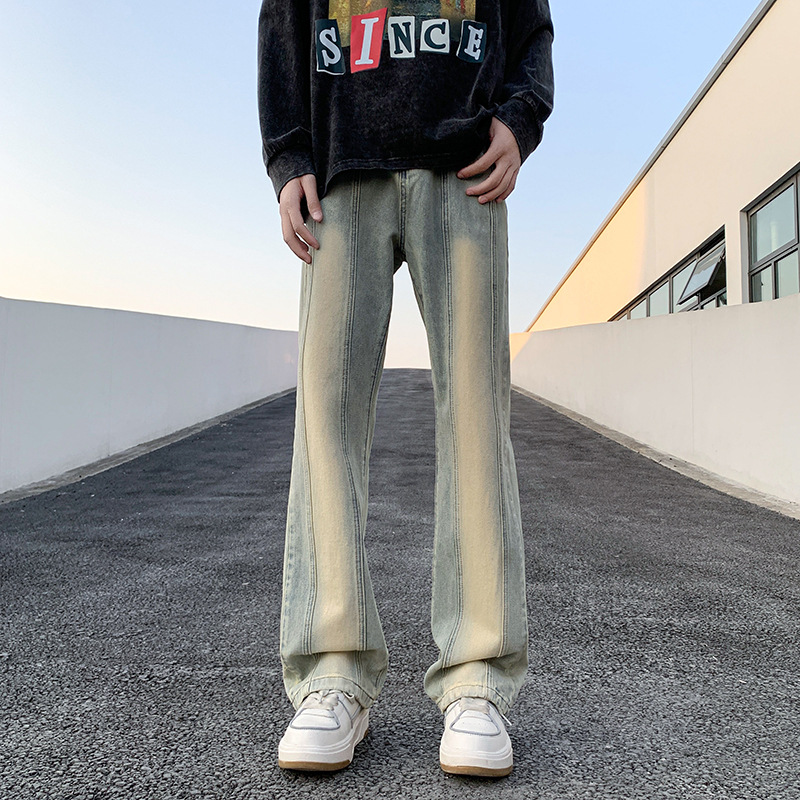 Amarillo barro rectos jeans de moda masculinos primavera callejera pantalones de pierna ancha sueltos retro retro americano