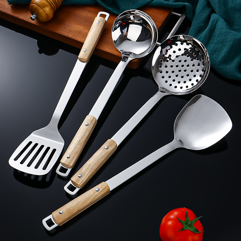 Utensilios de cocina de grano de madera de imitación creativa de acero inoxidable, cuchara de cocina, pala de cocina, pala de cocina, espátula doméstica, colador de avena, restaurante