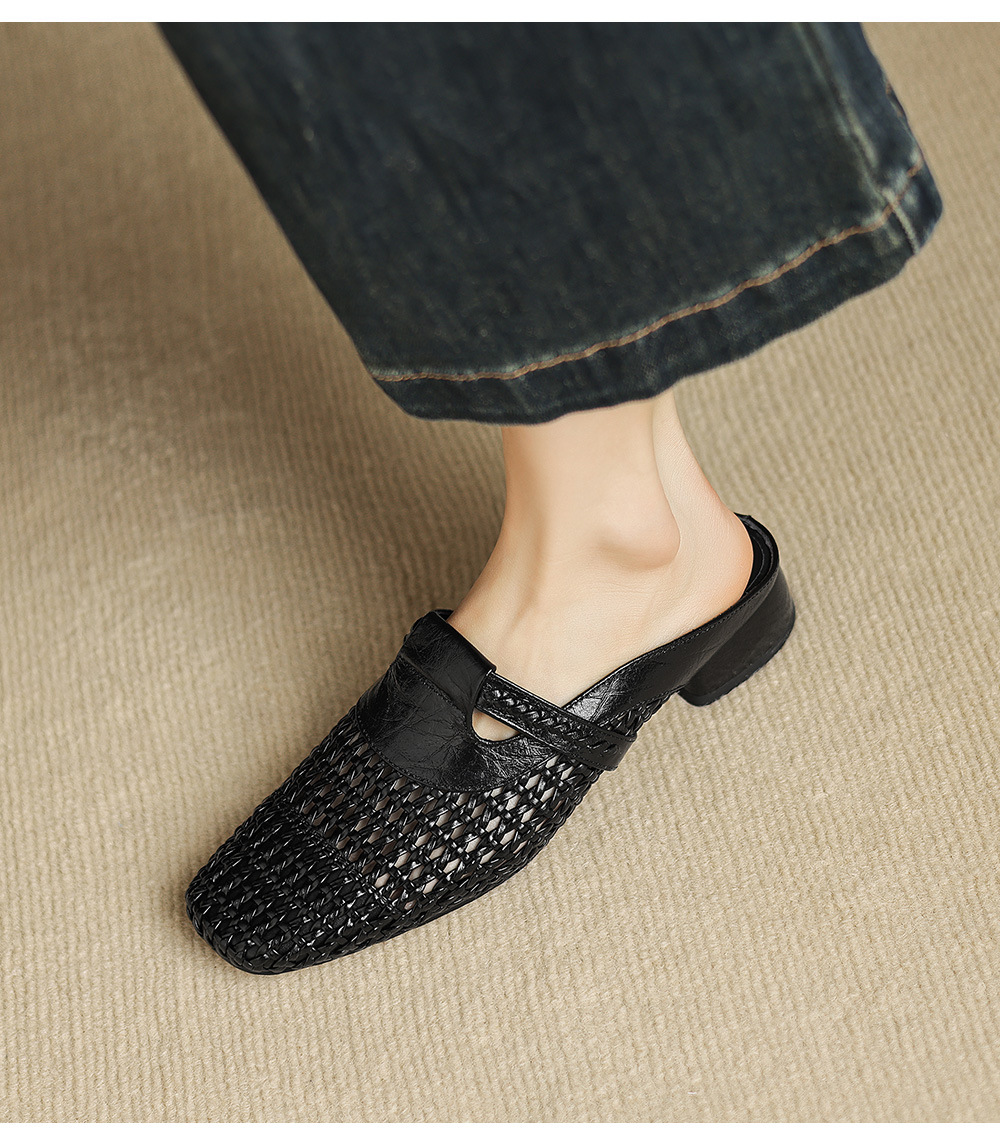 Dép sandal nữ quai chữ V đan dệt, gót thấp 3 cm, phong cách vintage — đen chi tiết 16