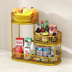 テーブルの上に物を置いてテーブルの上に多層の果物の皿のお茶を収納します。