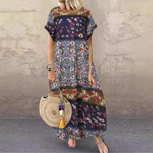 休闲连衣裙2024欧美春夏新款民族风圆领印花短袖跨境女装WD31