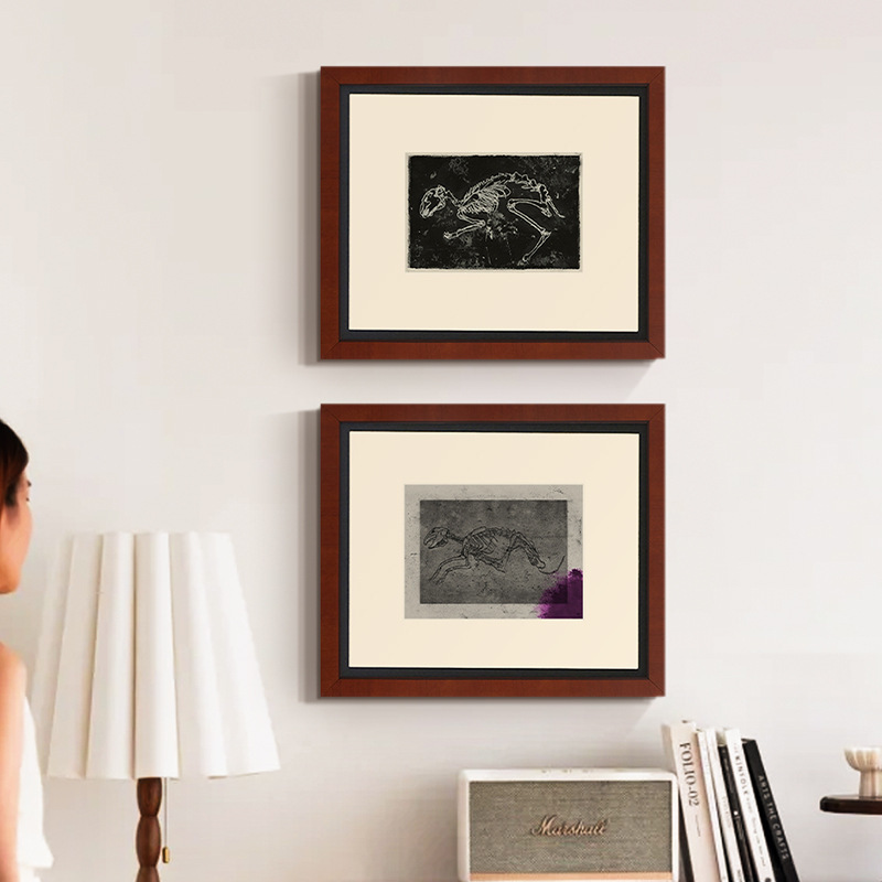 远古生物化石标本挂画甲骨中古小众艺术骨架组合客厅玄关装饰画