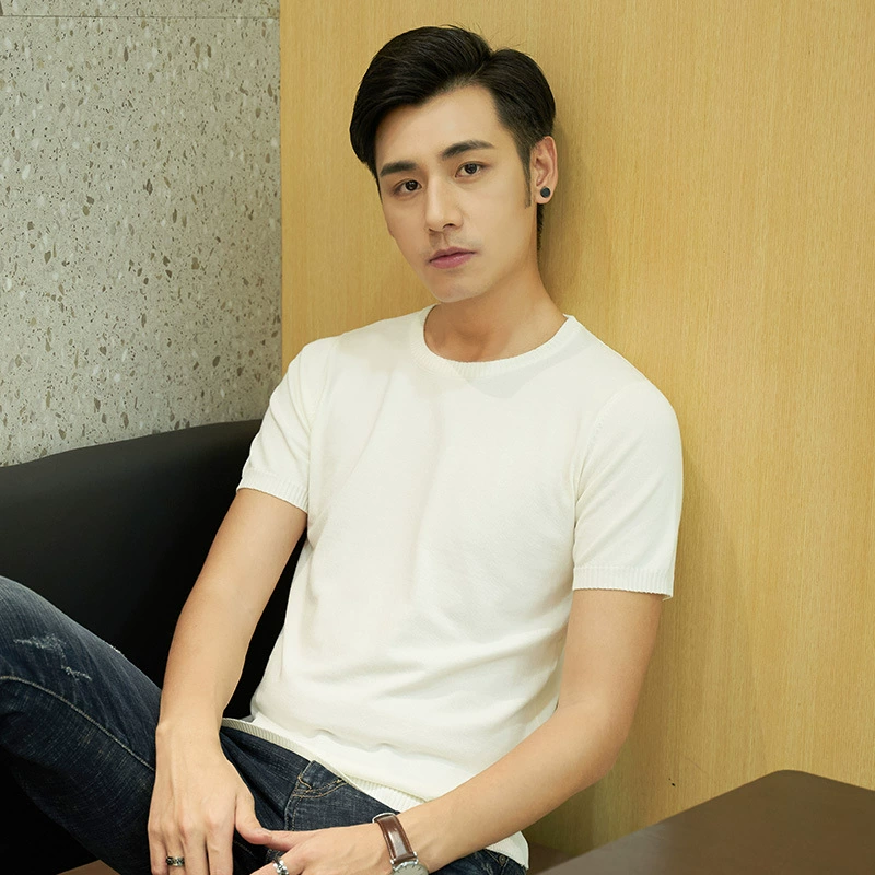 Мужская летняя трикотажная футболка из ледяного шелка с круглым вырезом и короткими рукавами, тонкий модный трикотаж с v-образным вырезом и половиной рукавов, тонкий трикотажный трикотаж