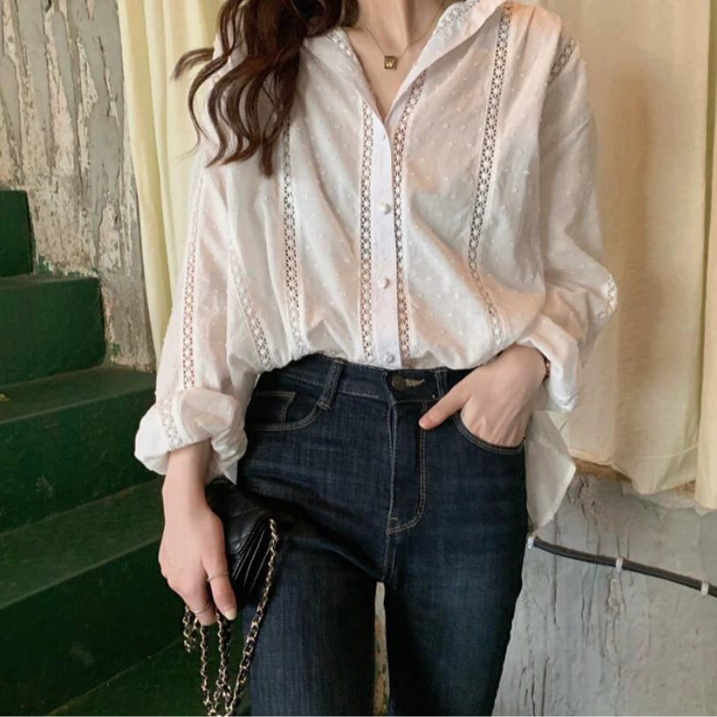 Hanfeng chic205 весенняя одежда французская полая сшитая мода дикий жаккард большой размер женская темперамент сладкая рубашка