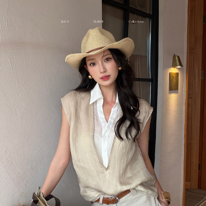 Elsissi Design-Inspired Faux Two-Piece Shirt for Women, Summer 2026 New Style, High-End Elegant Lapel Sleeveless Top Elsissi Design-Inspired Faux Two-Piece Shirt for Women, Summer 2026 New Style, High-End Elegant Lapel Sleeveless Top