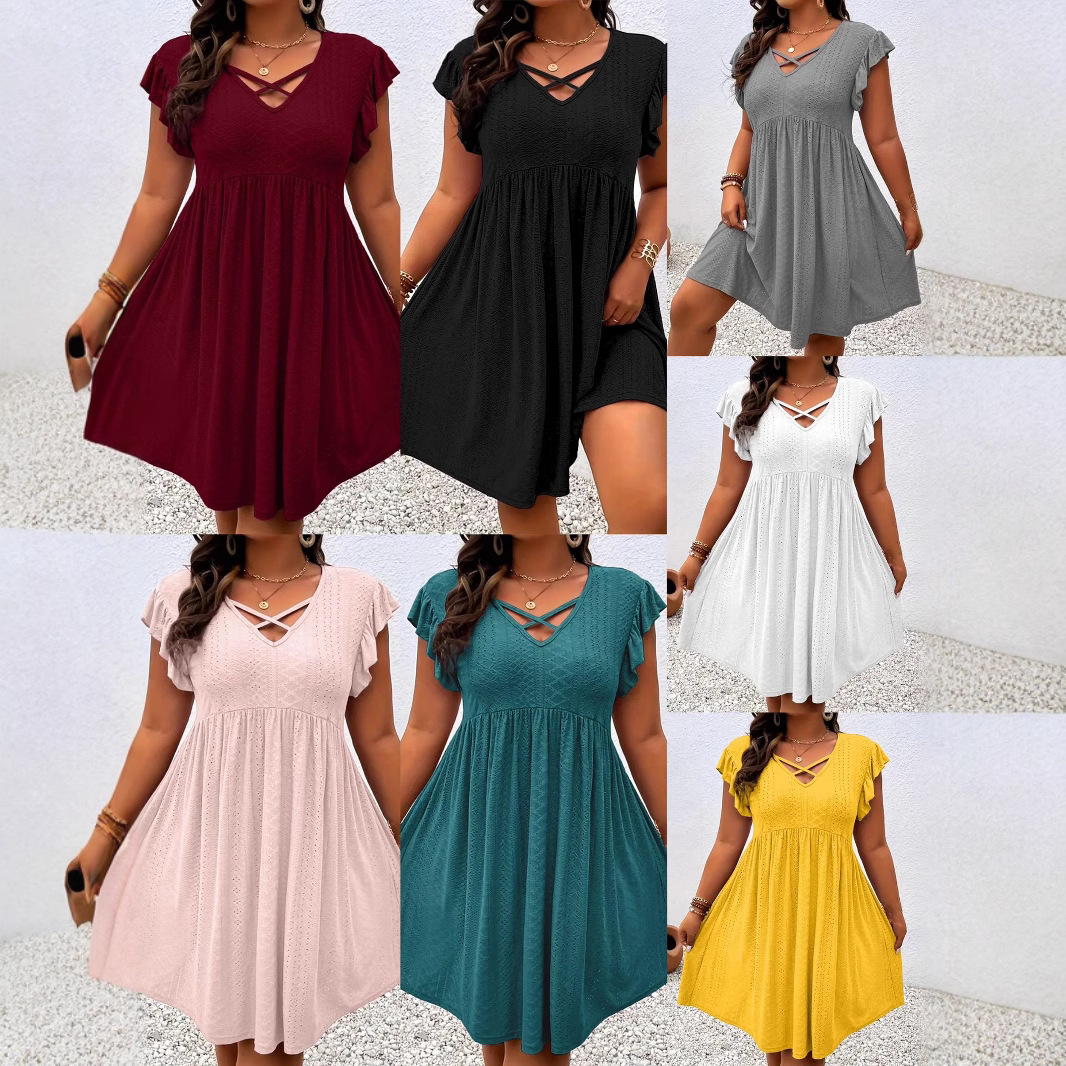 2026 New European and American Fashion New Arrivals Deep V-Neck Petal Sleeve Bohemian Dress Cross-Border in Stock