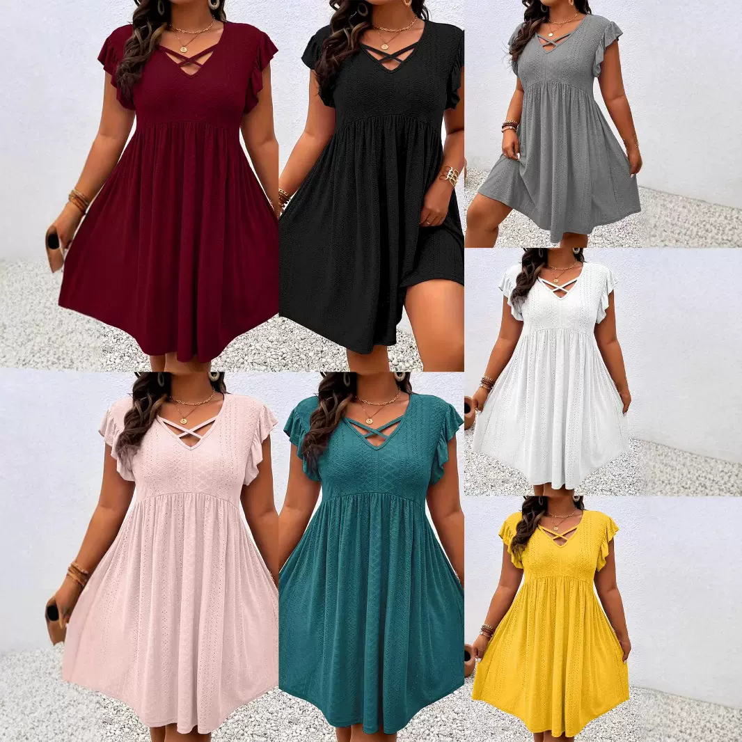 2025欧美时尚新款上新深V领花瓣袖波西米亚连衣裙跨境现货