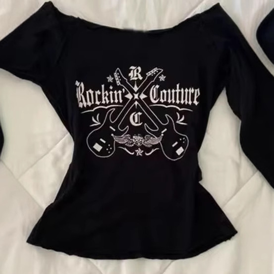 Printed Women's Long-sleeved Off-shoulder Slim-fit Slimming Pure Desire Style