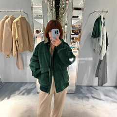 2025年早秋Miu*新款学院风宝石绿灯芯绒夹克外套搭压褶短半裙套装