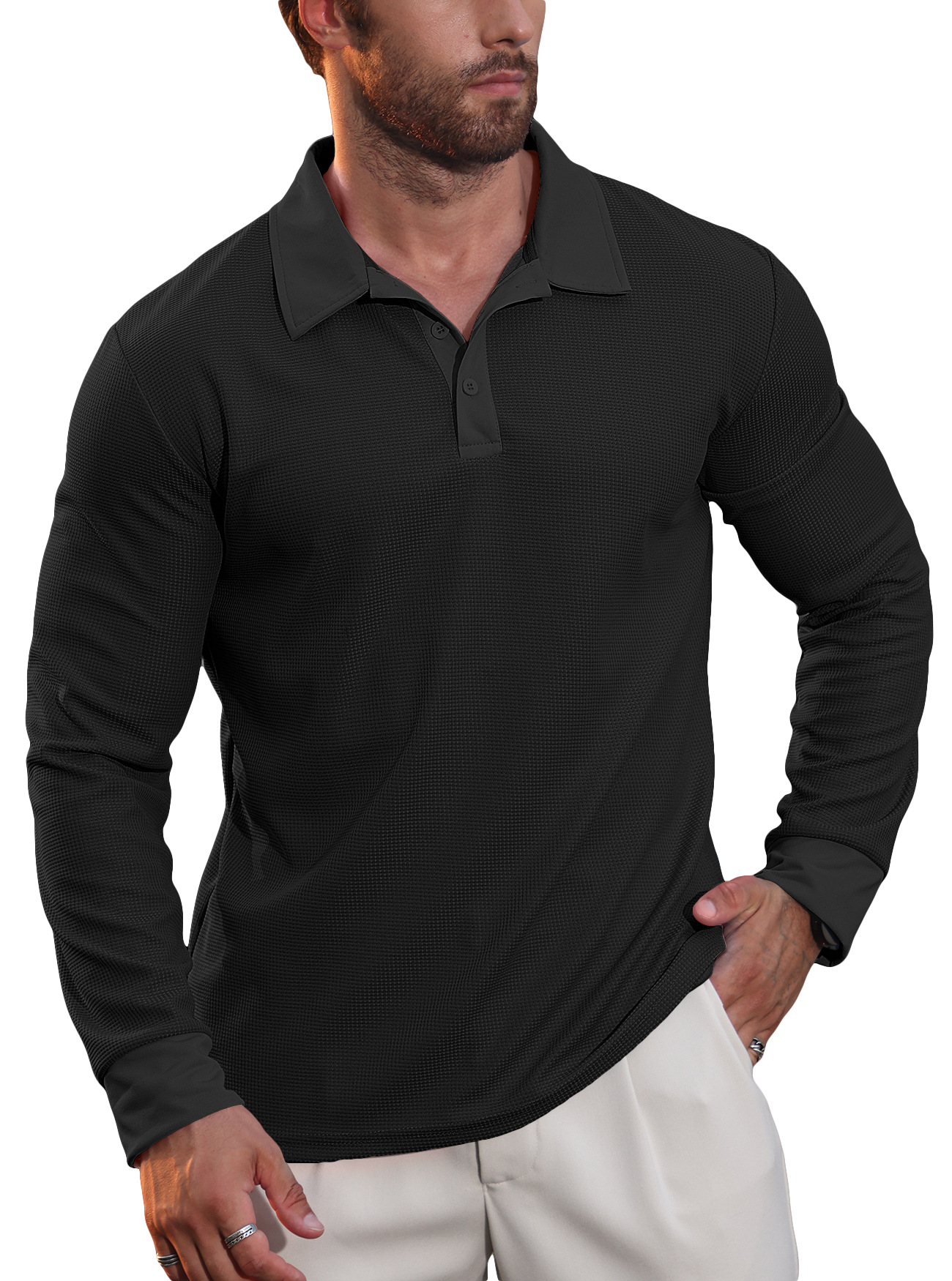 Nuevo otoño transfronterizo europeo y americano nuevo hombre waffle polo camiseta de manga larga de vacaciones casuales americanas