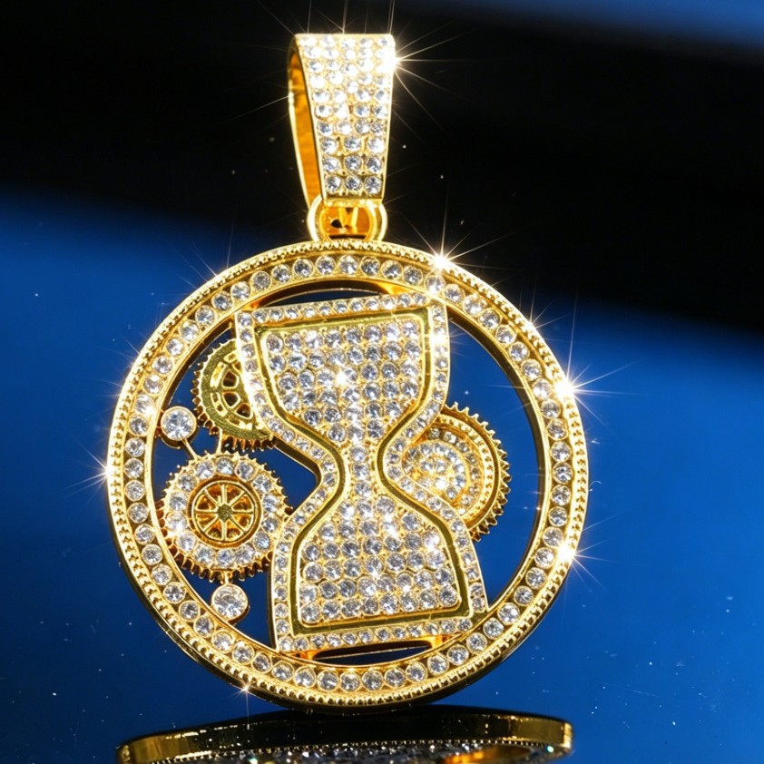 Reloj de arena de diamantes colgante de engranajes de cadena cubana calles europeas y americanas blingbling brillante símbolo de control de tiempo