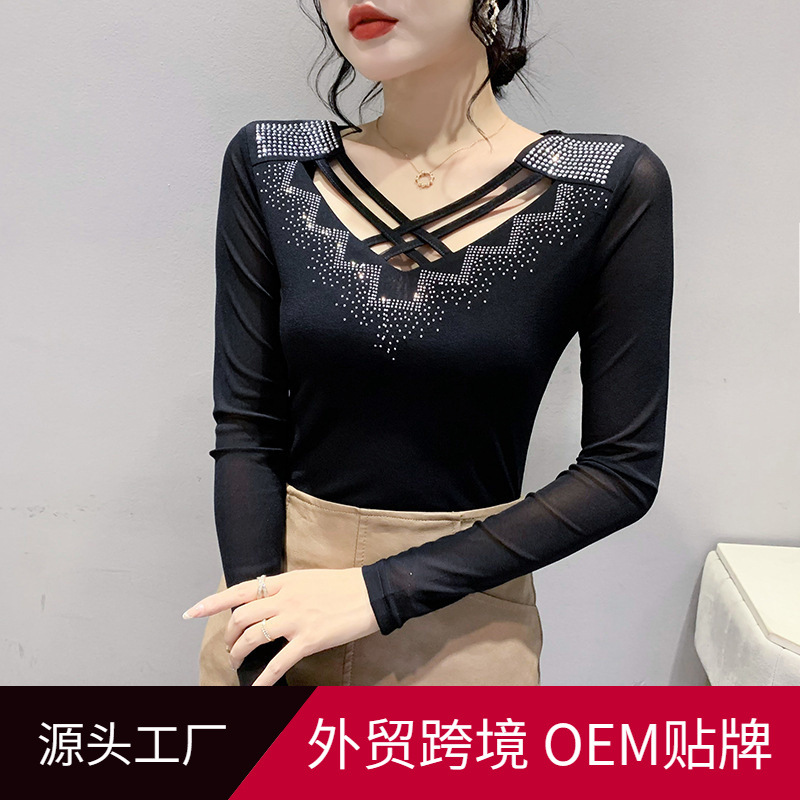 Blusa de Malla de Manga Larga para Mujer de Acrílico con Cuello en V y Pedrería para Uso Diario