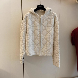 Original Development of Houndstooth Shearling Craft Hooded Fur All-In-One Jacket Classic Reversible Diamond Check Cardigan