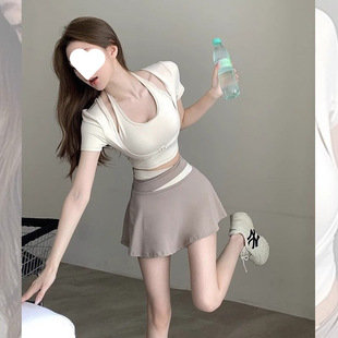 Summer Yoga Clothing Suit for Women with Chest Pads, Fake Two-Piece Short-Sleeved Culottes, Running Sports Suit, Internet Celebrity Fashion Elegant