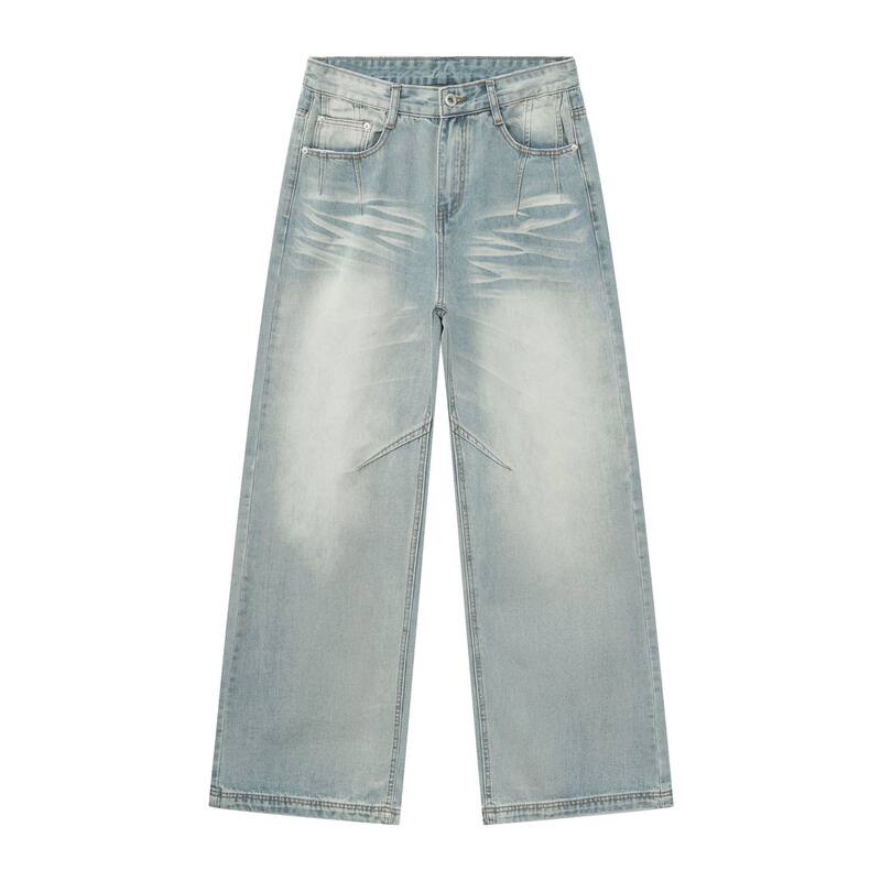Quần jeans nam dáng rộng ống đứng phong cách high street, lưng vừa, dài ống, dễ phối đồ — Xanh nhạt