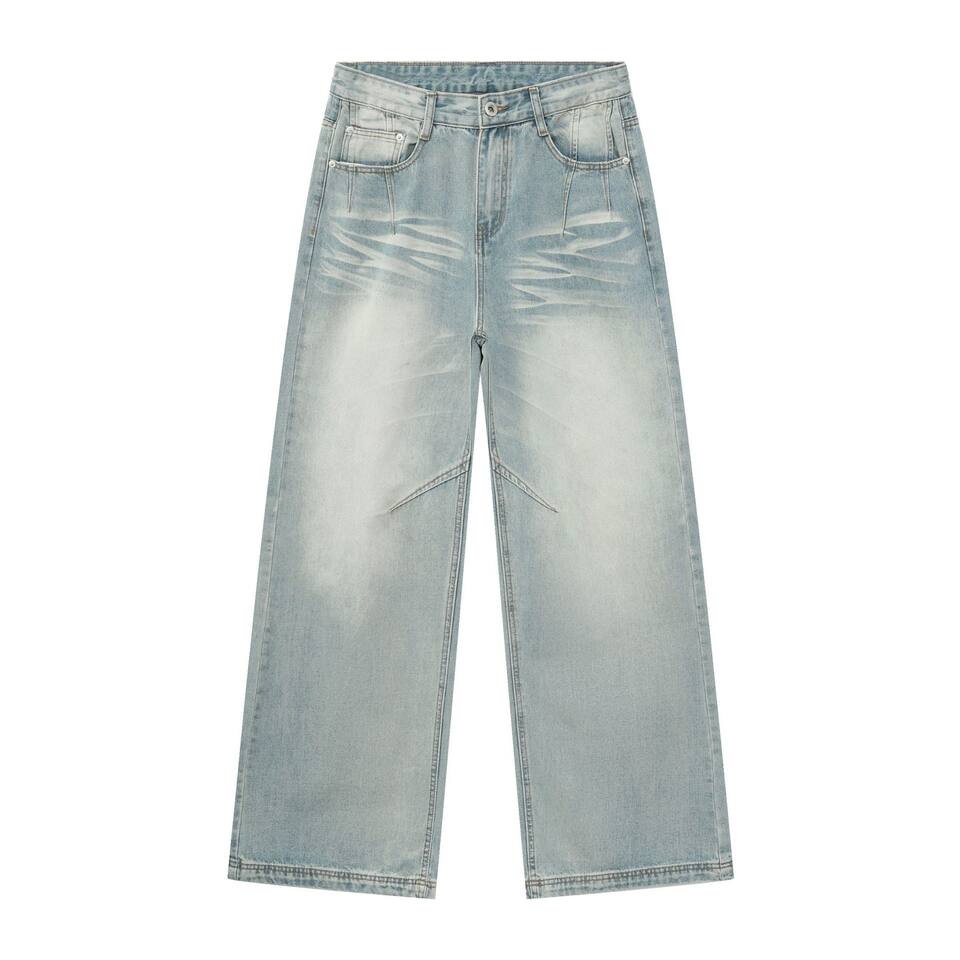 Quần jeans nam dáng rộng ống đứng phong cách high street, lưng vừa, dài ống, dễ phối đồ — Xanh nhạt