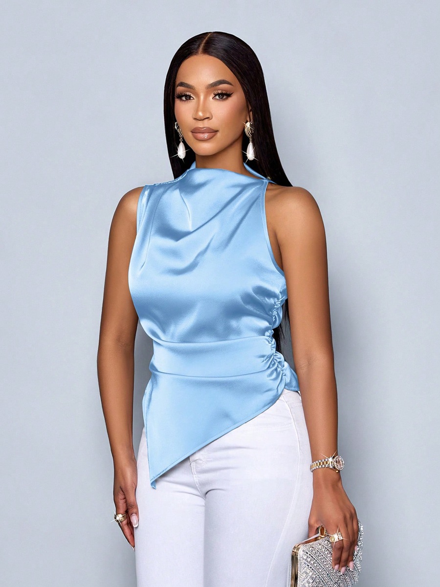 Camisa de satén de verano para mujer de comercio exterior europeo y americano, camisa de satén asimétrica para mujer, top de mujer, sentido de diseño, nicho