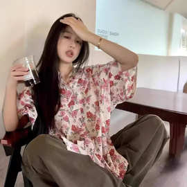 韩版大码女装短袖衬衫女夏季宽松胖妹妹设计感小感碎花衬衣开衫潮