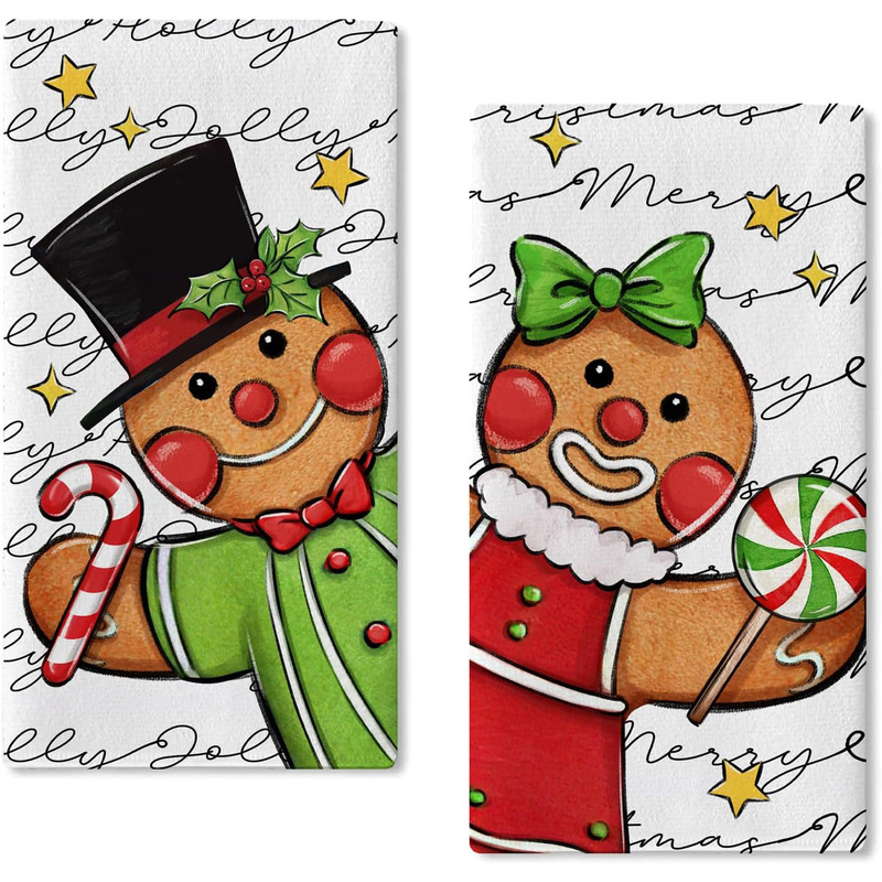 Merry Christmas gingerbread man kitchen dish towel Christmas mint Holly Berry bowknot hand towel drying cloth