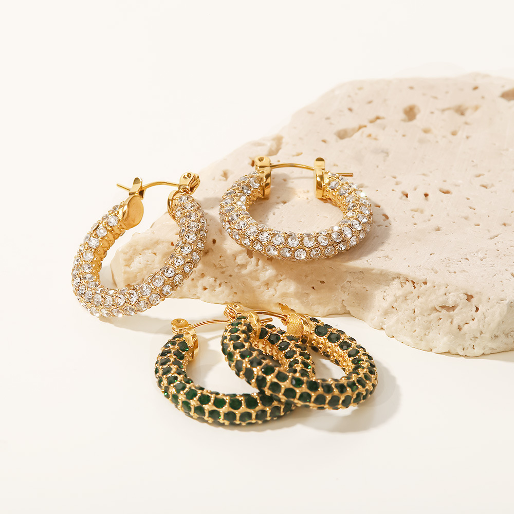 Retro Geometric Stainless Steel Inlaid Zircon Hoop Earrings 1 Pair