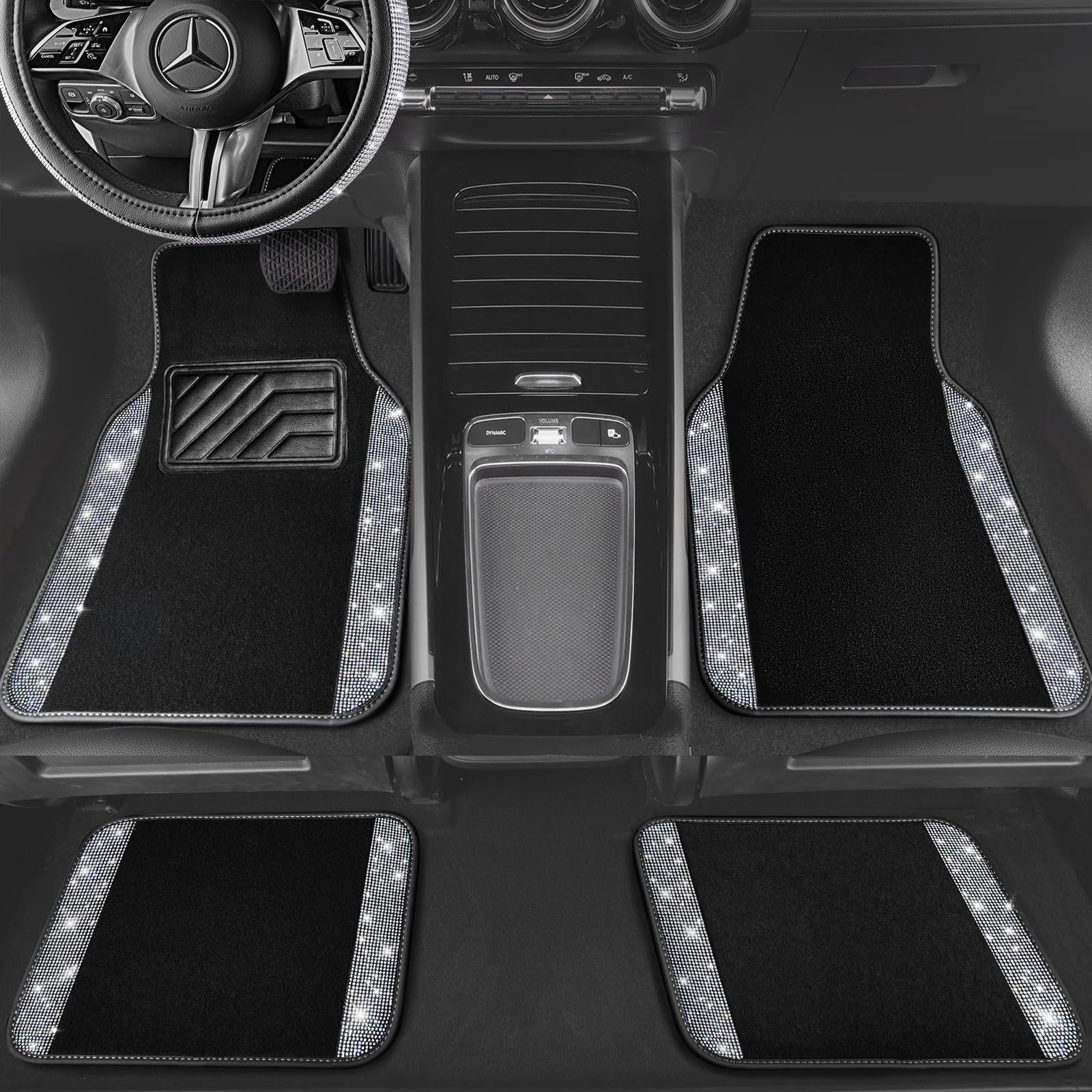 Cross-Border Foreign Trade Crystal-Encrusted Diamond Car Floor Mats, Universal Fashionable Shiny Carpet, Pvc Waterproof and Dirt-Resistant 4-Piece Set