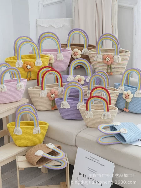 Ins Style Nordic Rainbow Bag Clouds Handbag Handmade Cotton Woven Bag Seaside Holiday Beach Bag Joker Bag