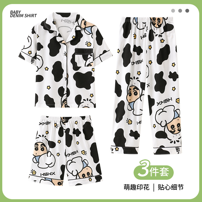 Summer Trousers Boys and Girls Cardigan Home Clothes Children's Short-sleeved Cartoon Imitation Cotton Pajamas suit Lapel Three-piece Set