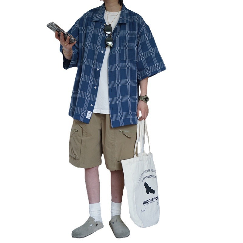 Camicia da uomo a maniche corte, stile giapponese, ampia, retrò, con colletto cubano, in denim blu, casual, 2024._voghion.com