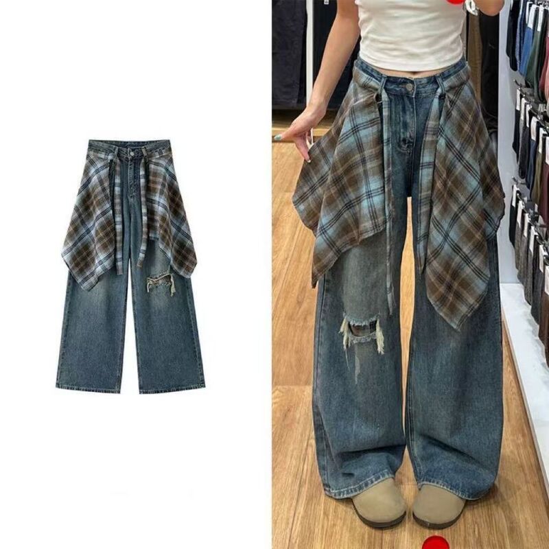 American-Style Plaid Shirt with Patchwork Straight-Leg Jeans for Women, Autumn Design with a Relaxed American Style, Suitable for Commuting