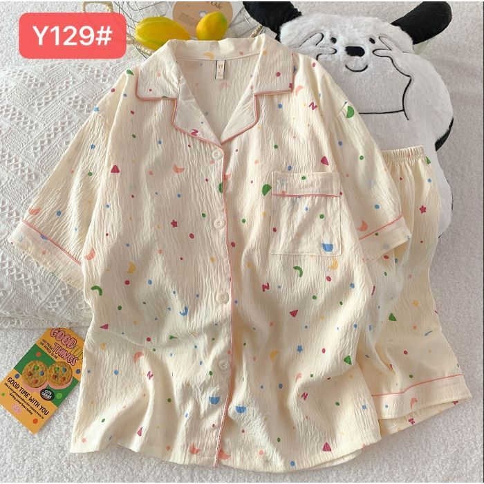 Pijamas de algodón de nube al por mayor transfronterizo para mujer nueva rebeca de verano solapa pantalones cortos de manga corta traje de servicio a domicilio dulce y lindo