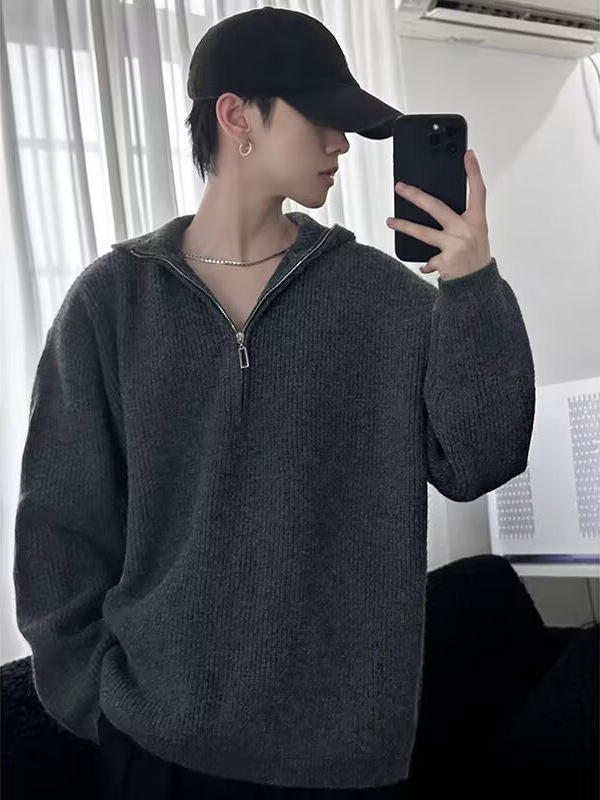 カーキ色cleanfitニットフード付きパーカー男性秋冬半ファスナー底シャツ怠惰風高級感セーター