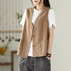 純色の綿麻馬甲の女性の春夏の薄い服装の文芸のゆったりしている復古の一列は亜麻のベストの女性の外で上着を着ます。