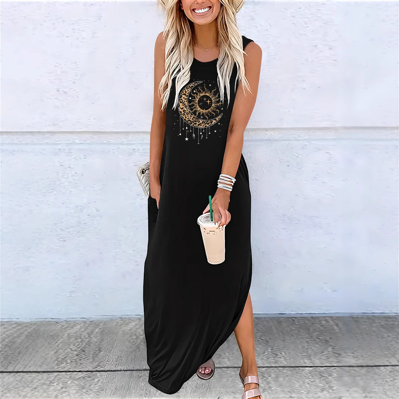 Cross-border Women's French Romantic Golden Moon Retro Floral Pattern Long Sleeveless Vest for dress Women