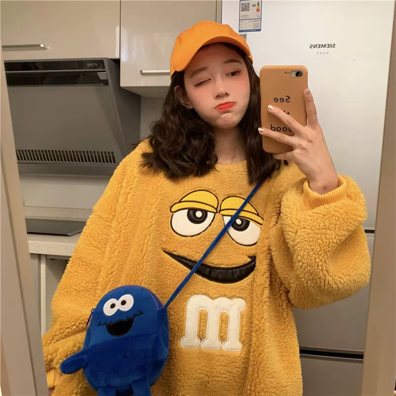 卡通刺绣羊羔毛加绒加厚卫衣女2023秋冬宽松韩版学生百搭上衣外套