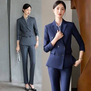 灰色西装套装女2025春秋双排扣长袖职业正装正式场合修身工作服
