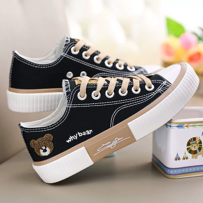 Low cloth footwear, sports sneakers, 2023, with little bears, Korean style, plus size