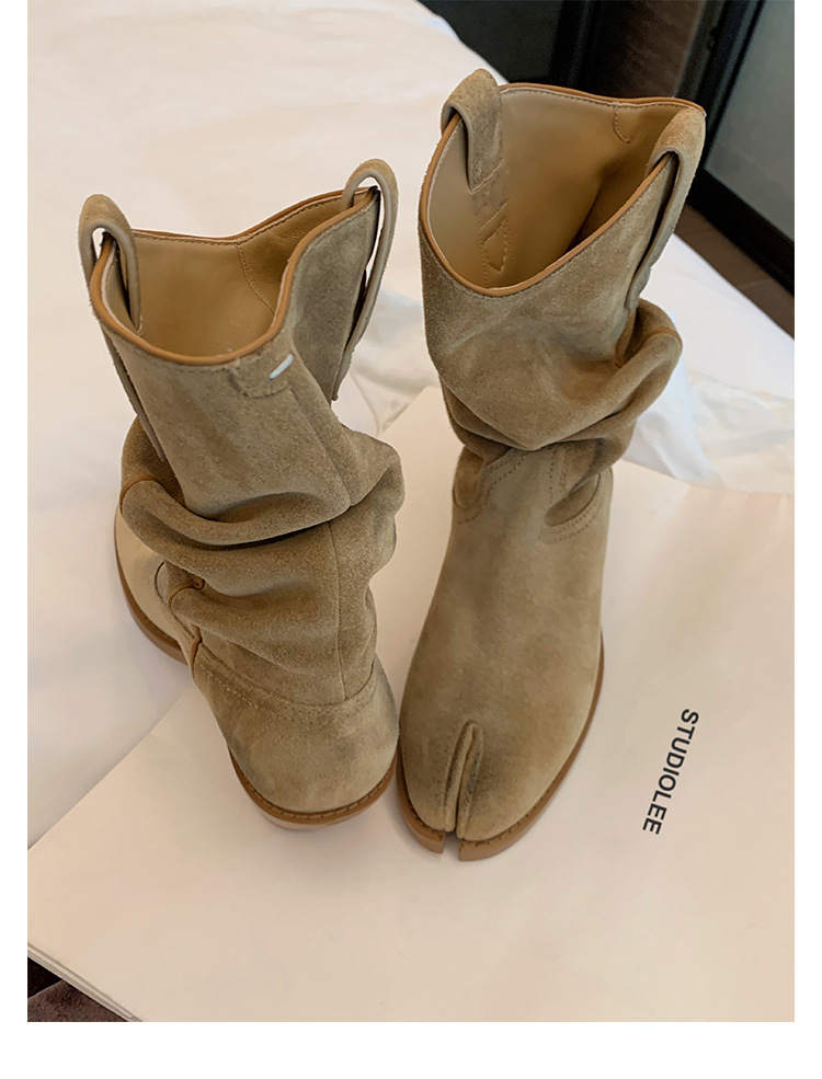 Kurze Westernstiefeletten aus Leder für Damen mit offener Spitze und klobigem Absatz_voghion.com