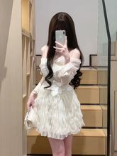 新款秋冬季高级感礼裙毛毛披肩外套套装毛绒绒公主短裙名媛吊带裙