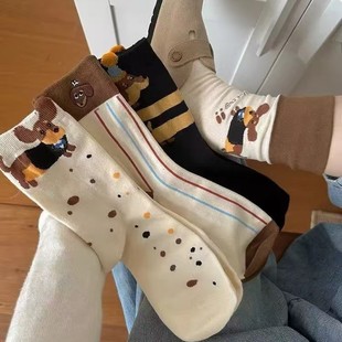 Dachshund Cartoon Socks for Women Korean Dongdaemun Foldableing Two-Wear Autumn and Winter Sweat-Absorbent Cotton Preppy Mid-Calf Socks