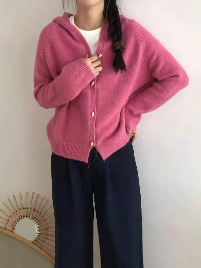 24 invierno Puyuan real disparar retro sombrero de color sólido perezoso viento de punto chaqueta de manga larga mujer simple