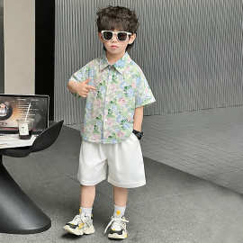 男童夏装套装夏季2026新款港风痞帅短袖衬衫儿童威夷风衬衣两件套