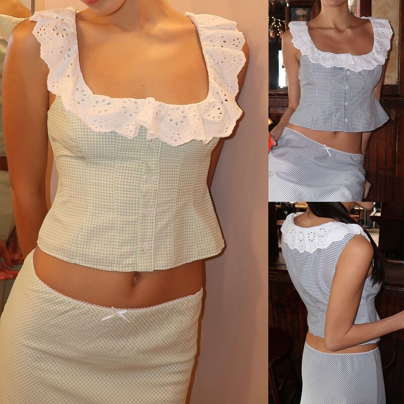 European and American Cross-Border New Style Pure Desire Casual Single-Breasted Lace Plaid Short Sleeveless Top Su4181 European and American Cross-Border New Style Pure Desire Casual Single-Breasted Lace Plaid Short Sleeveless Top Su4181