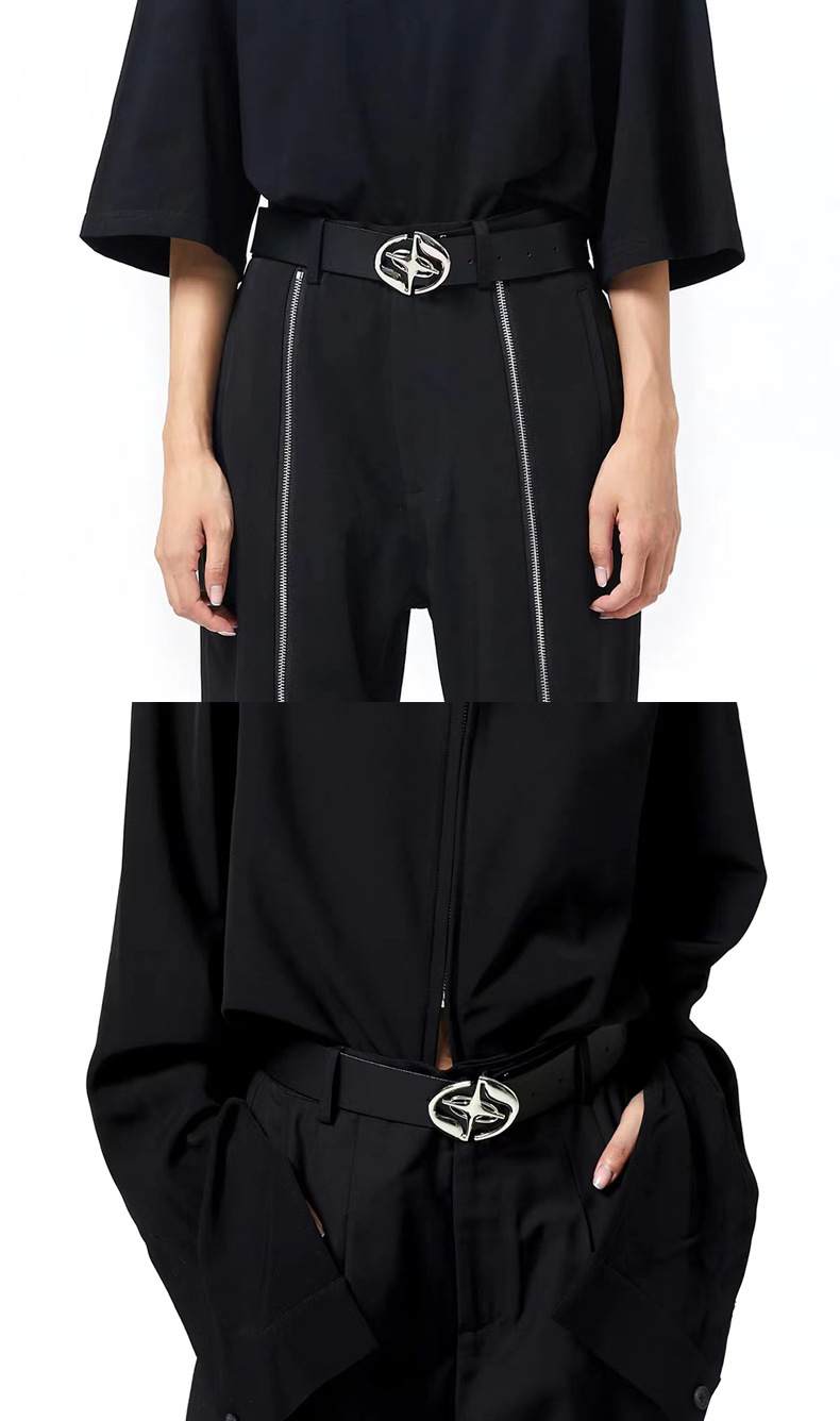 2023 New Ins Style Men's and Women's Retro Fashion Versatile Pure Black Belt Logo Metal Button Head Belt_voghion.com