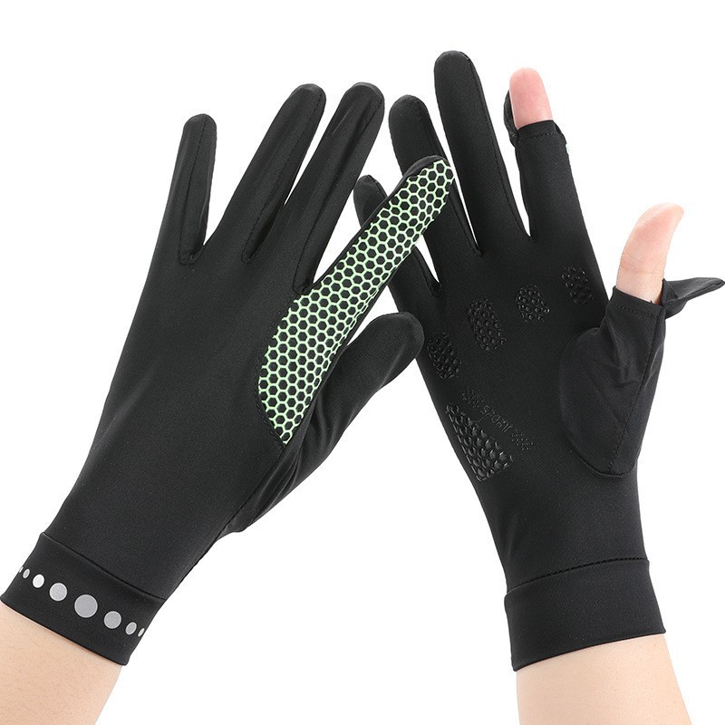 Guantes de protección solar verano hombres y mujeres de pareja delgada antideslizante transpirable ciclismo elástico transpirable dos dedos guantes de seda de hielo